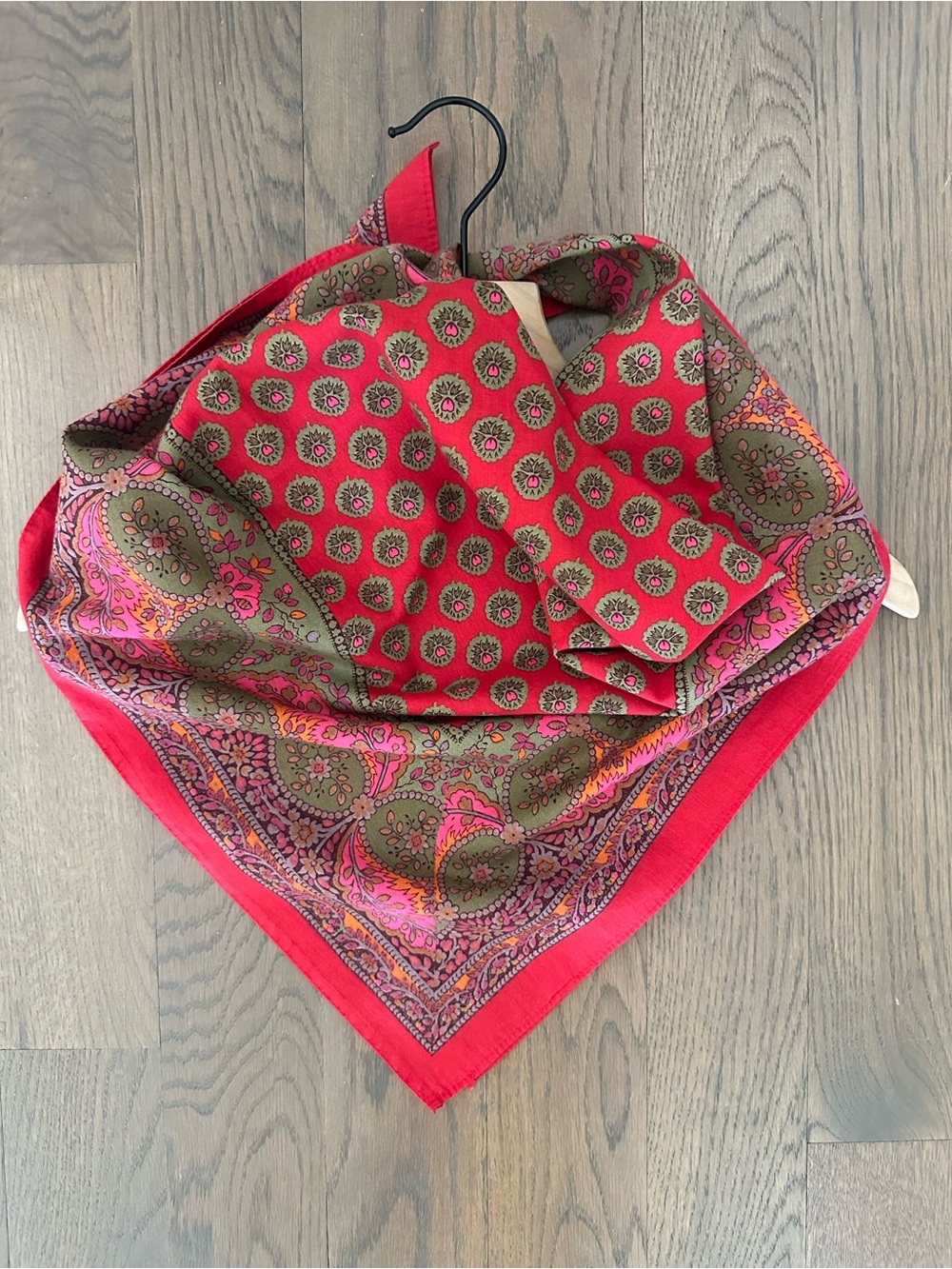 Souleiado Provencal Cotton Floral Printed Scarf in Red Multicolor 30" square